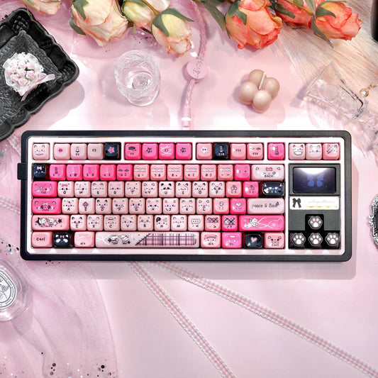 kawaii pudding cat keycaps 2025 mao profile semi-transparent pudding full set cat ears milky pink 140 keys