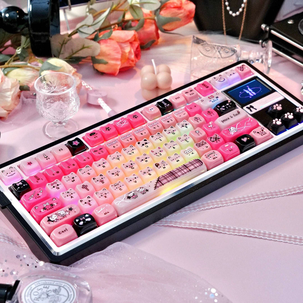 kawaii pudding cat keycaps on mechanical keyboard semi-transparent pudding mao rgb glow pastel pink setup 2025