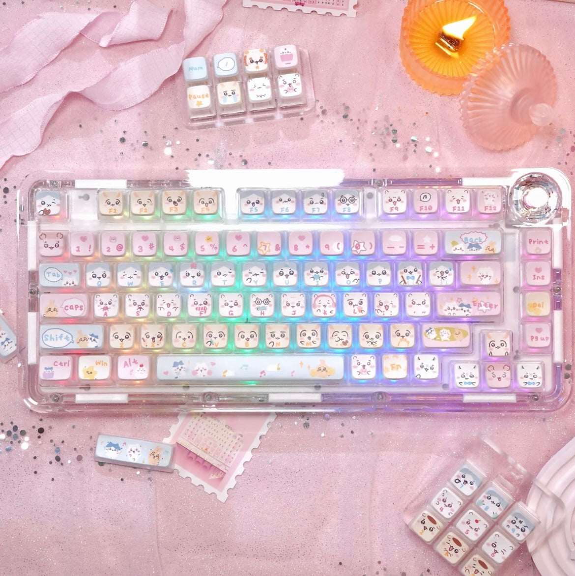 chiikawa keycaps oem profile 4-side transparent pc dye-sub shine-through 130 keys kawaii chiikawa rgb
