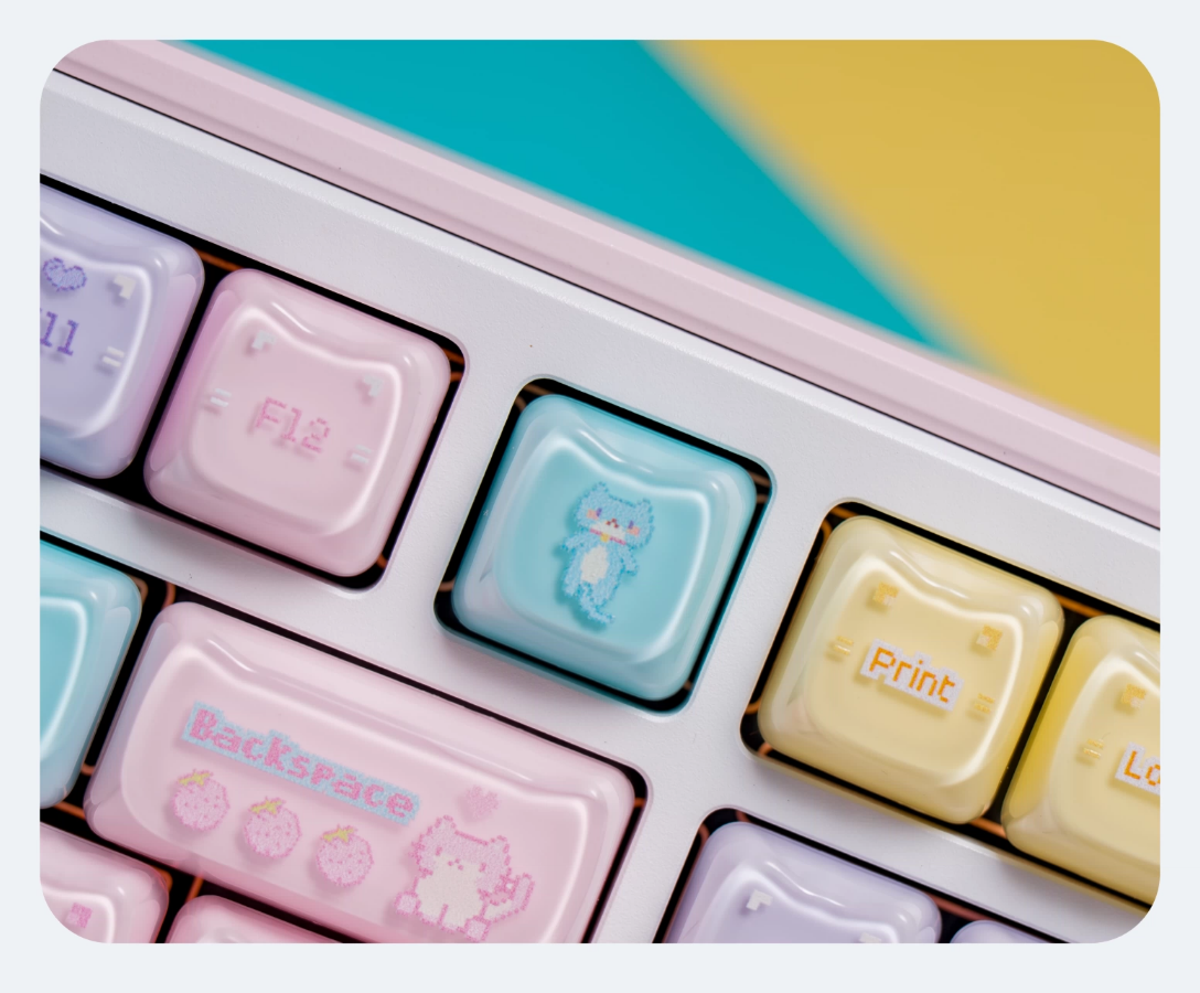 Macaron Meow Cat-Ear Keycaps – PC Transparent MAO Profile, 134 Keys