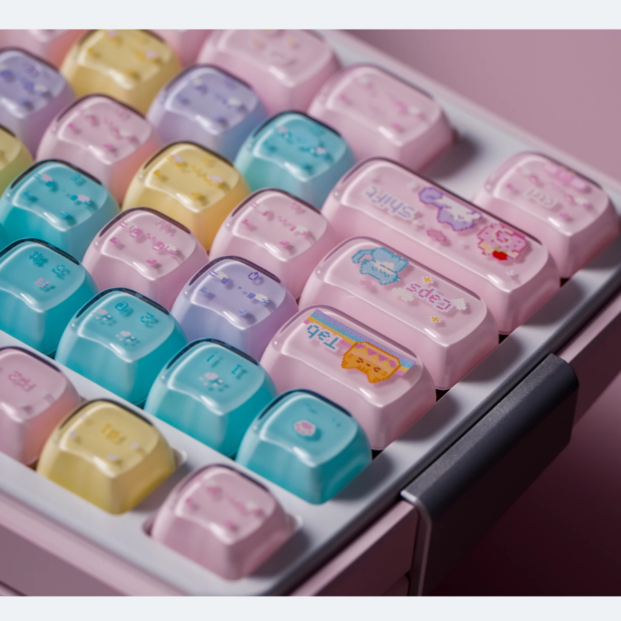 Macaron Meow Cat-Ear Keycaps – PC Transparent MAO Profile, 134 Keys