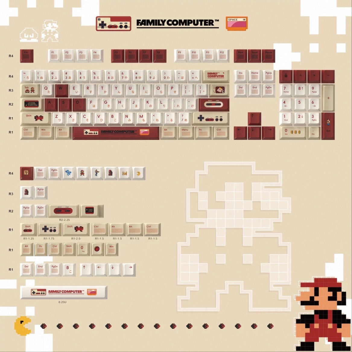 Retro Famicom Keycaps Set – 141 PBT Dye-Sub + 26 PC Transparent Keys | OEM Profile