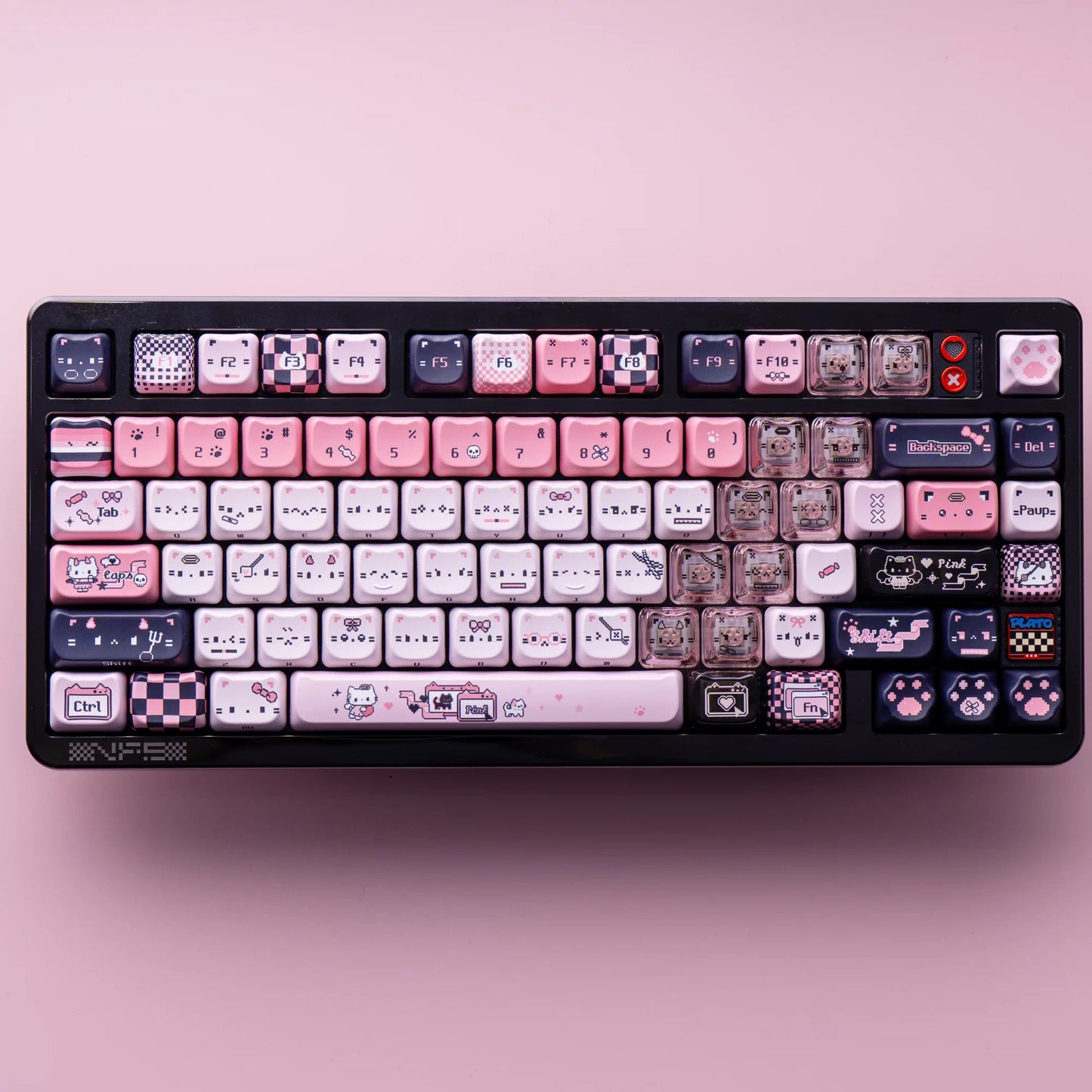 black pink meow meow transparent pc keycaps dye-sub legends closeup rgb shine-through pixel cat hearts paws 2026