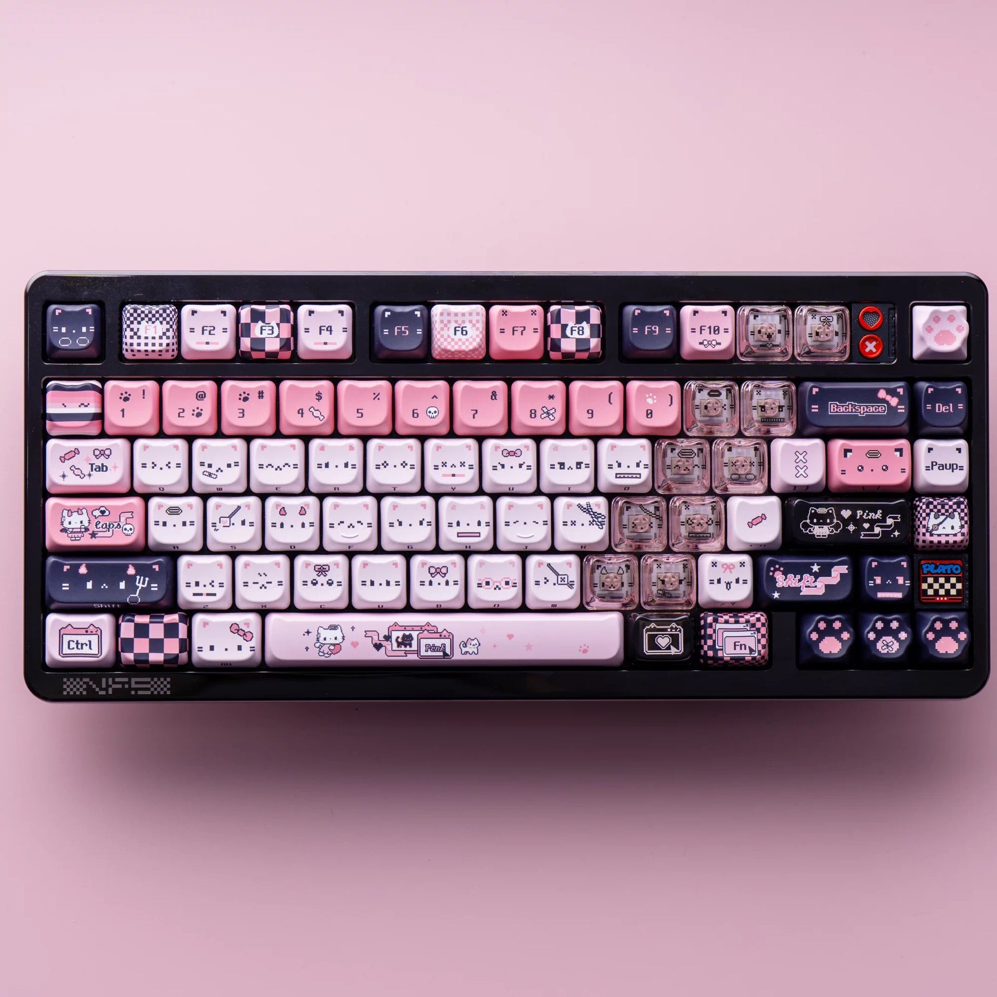 black pink meow meow transparent pc keycaps dye-sub legends closeup rgb shine-through pixel cat hearts paws 2026