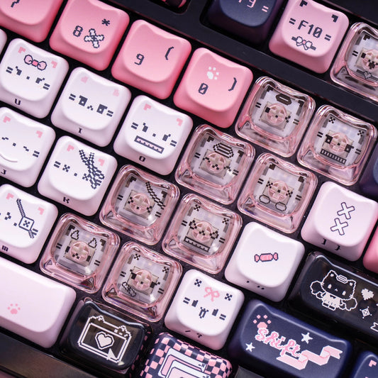 black pink meow meow keycaps 2026 pbt pc transparent shine-through dye-sub full set pixel cat kawaii pink black