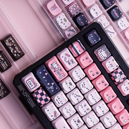 black pink meow meow keycaps on mechanical keyboard transparent pc rgb glow pixel cat black pink setup 2026