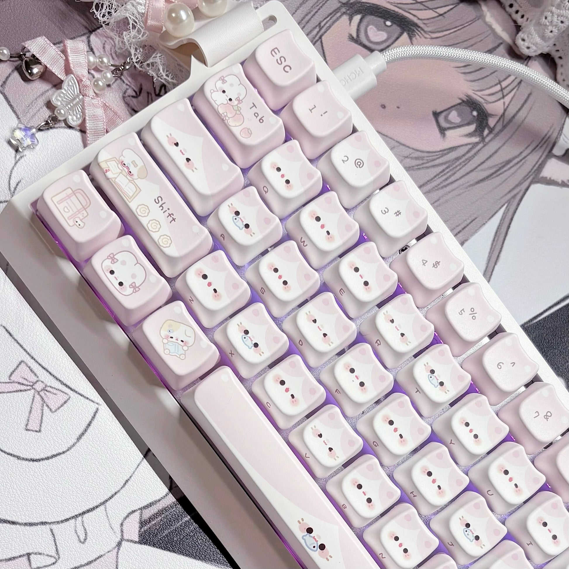 pudding meow berry meow keycaps 2026 MAO cat ear shape PBT 5-side dye-sub cute pink full set RGB glow