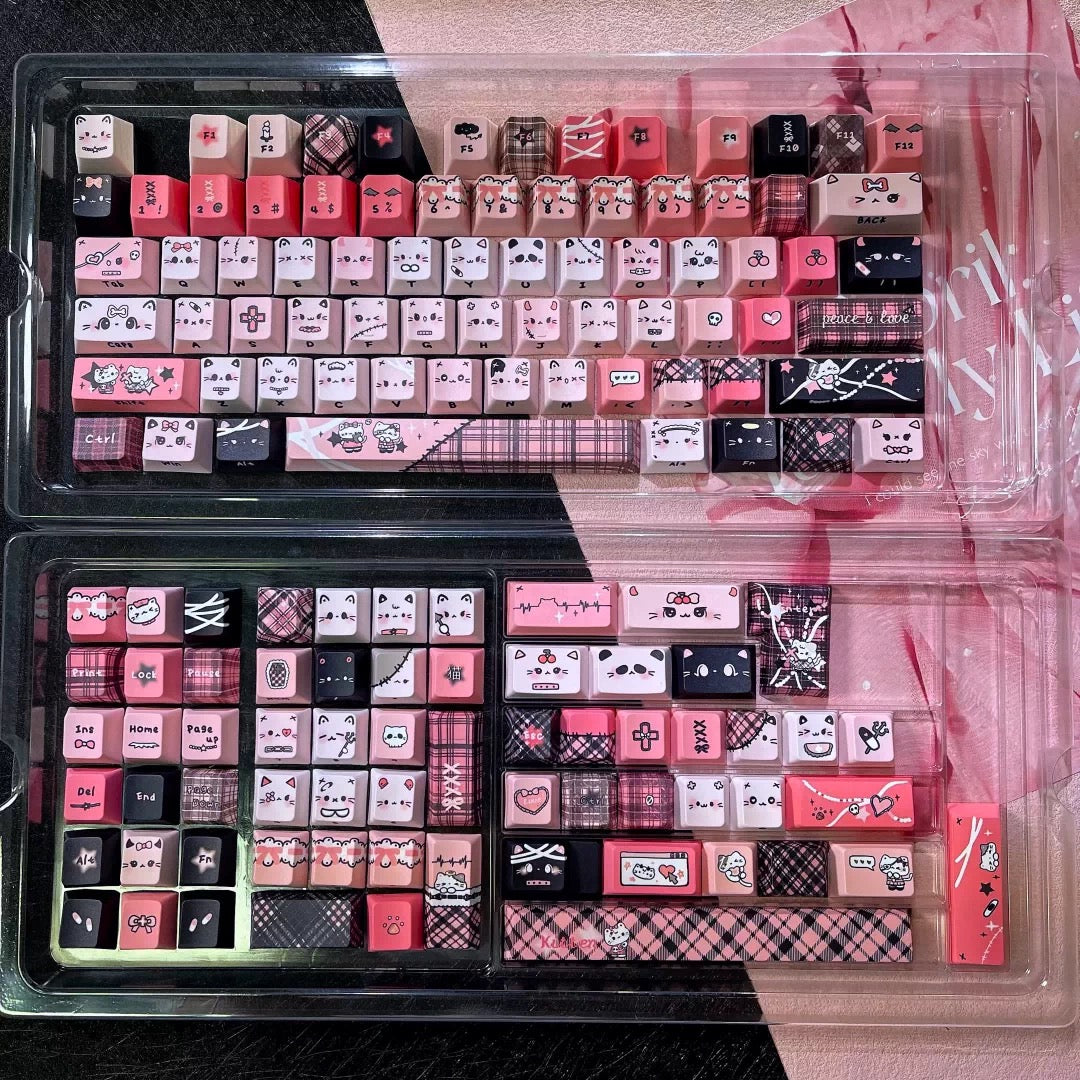 Black Pink Yabi Keycaps Set – MAO / OEM Profile | Cute Cat Mechanical Keyboard Keycaps | Cross-Stem PBT Keycaps for Custom Keyboards