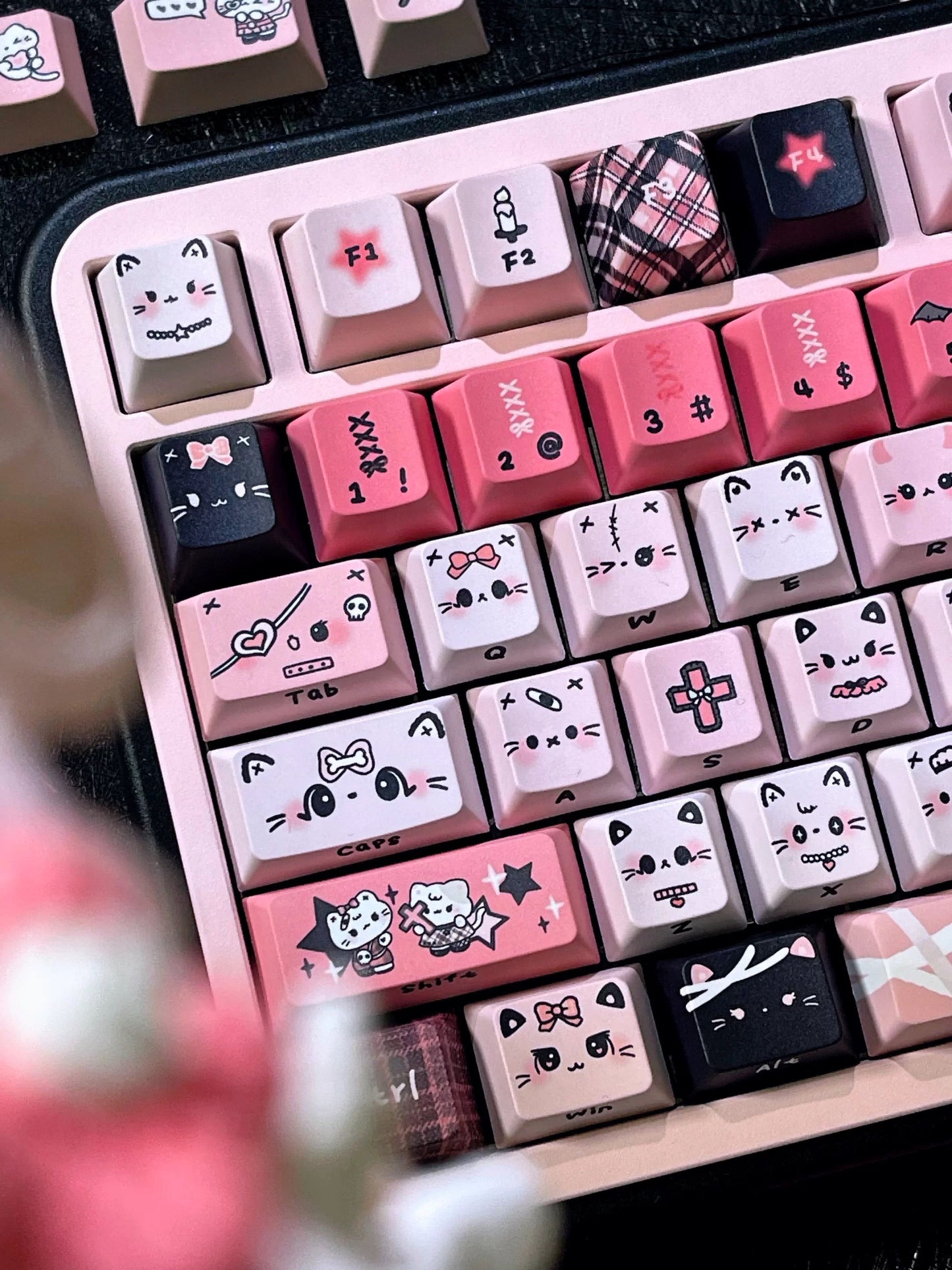 Black Pink Yabi Keycaps Set – MAO / OEM Profile | Cute Cat Mechanical Keyboard Keycaps | Cross-Stem PBT Keycaps for Custom Keyboards