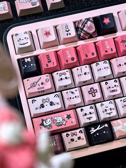 Black Pink Yabi Keycaps Set – MAO / OEM Profile | Cute Cat Mechanical Keyboard Keycaps | Cross-Stem PBT Keycaps for Custom Keyboards