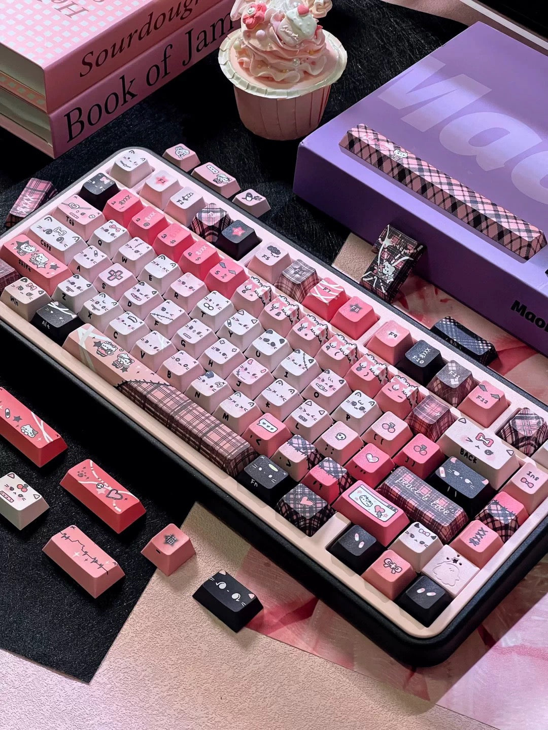 Black Pink Yabi Keycaps Set – MAO / OEM Profile | Cute Cat Mechanical Keyboard Keycaps | Cross-Stem PBT Keycaps for Custom Keyboards