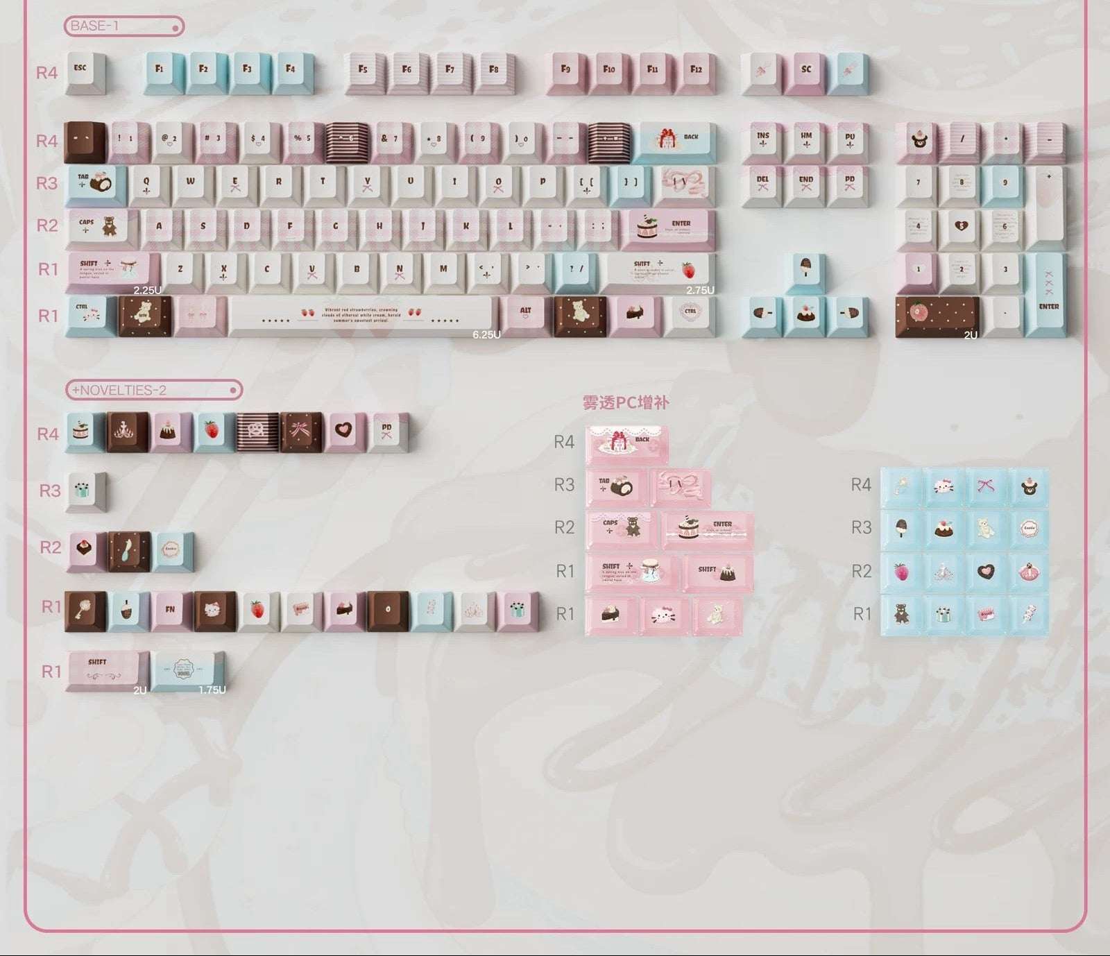 Velvet Strawberry Keycap Set - PBT Dye-Sub & Frosted PC Novelties - MOA/Cherry Profile
