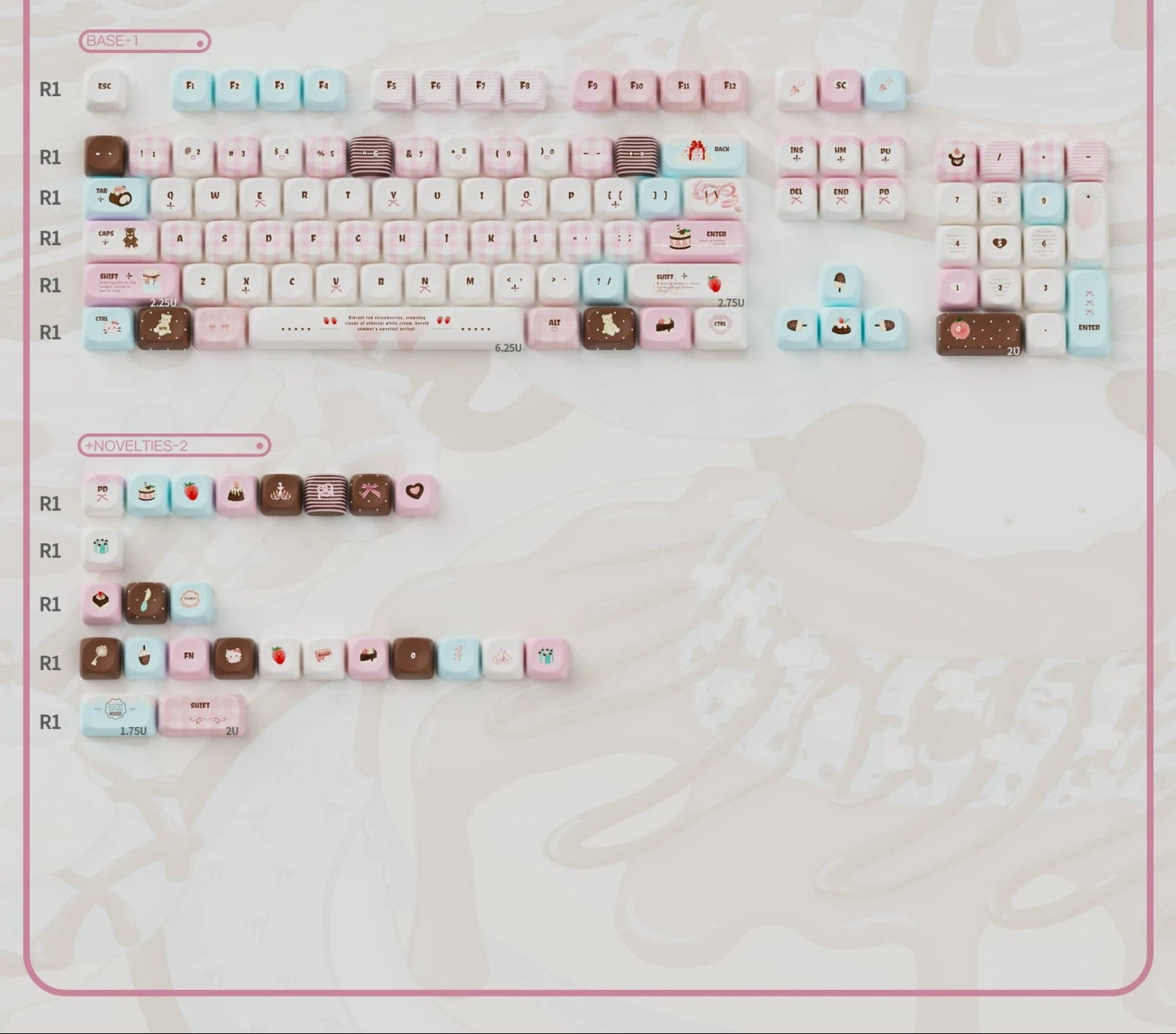 Velvet Strawberry Keycap Set - PBT Dye-Sub & Frosted PC Novelties - MOA/Cherry Profile