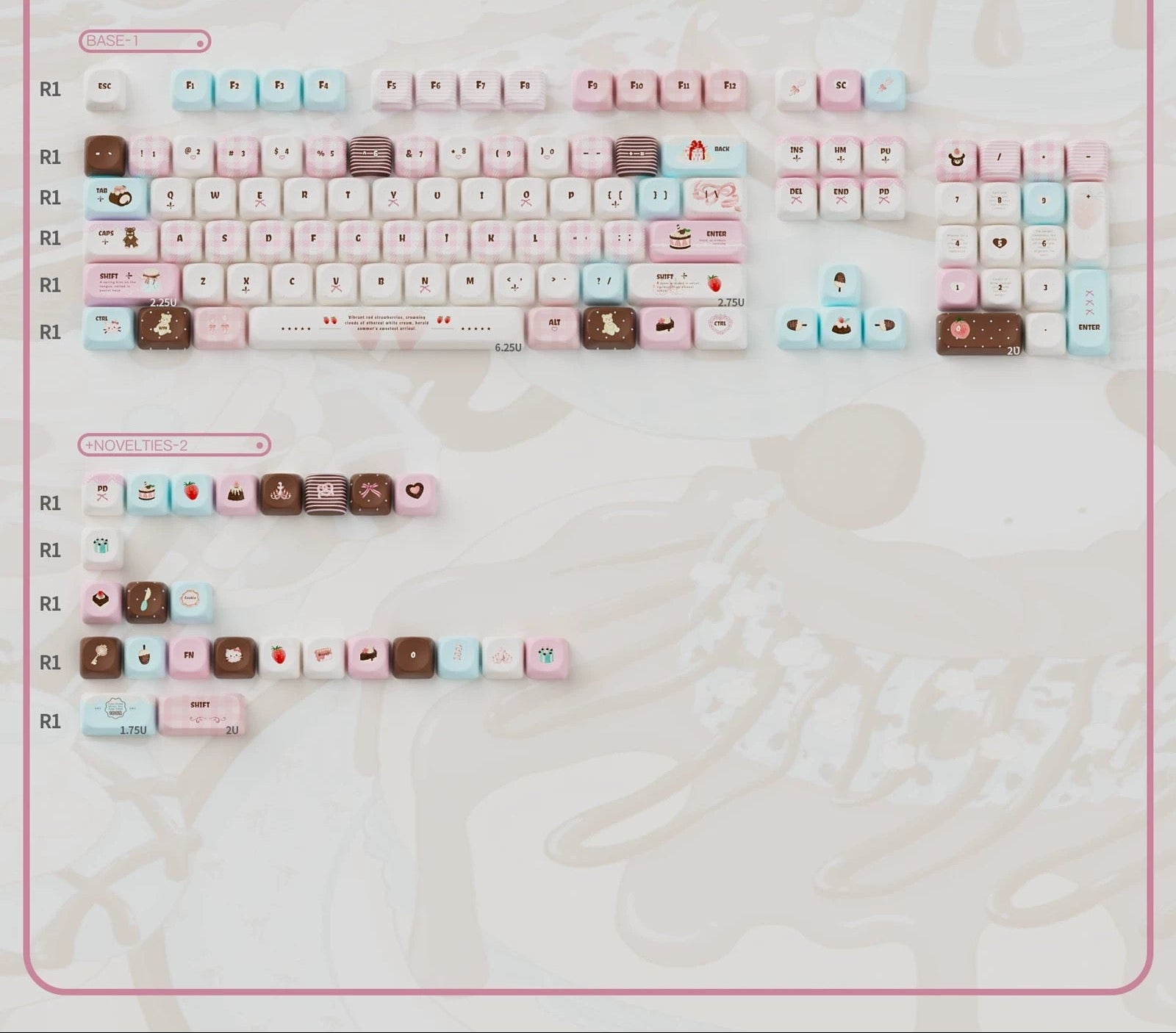 Velvet Strawberry Keycap Set - PBT Dye-Sub & Frosted PC Novelties - MOA/Cherry Profile