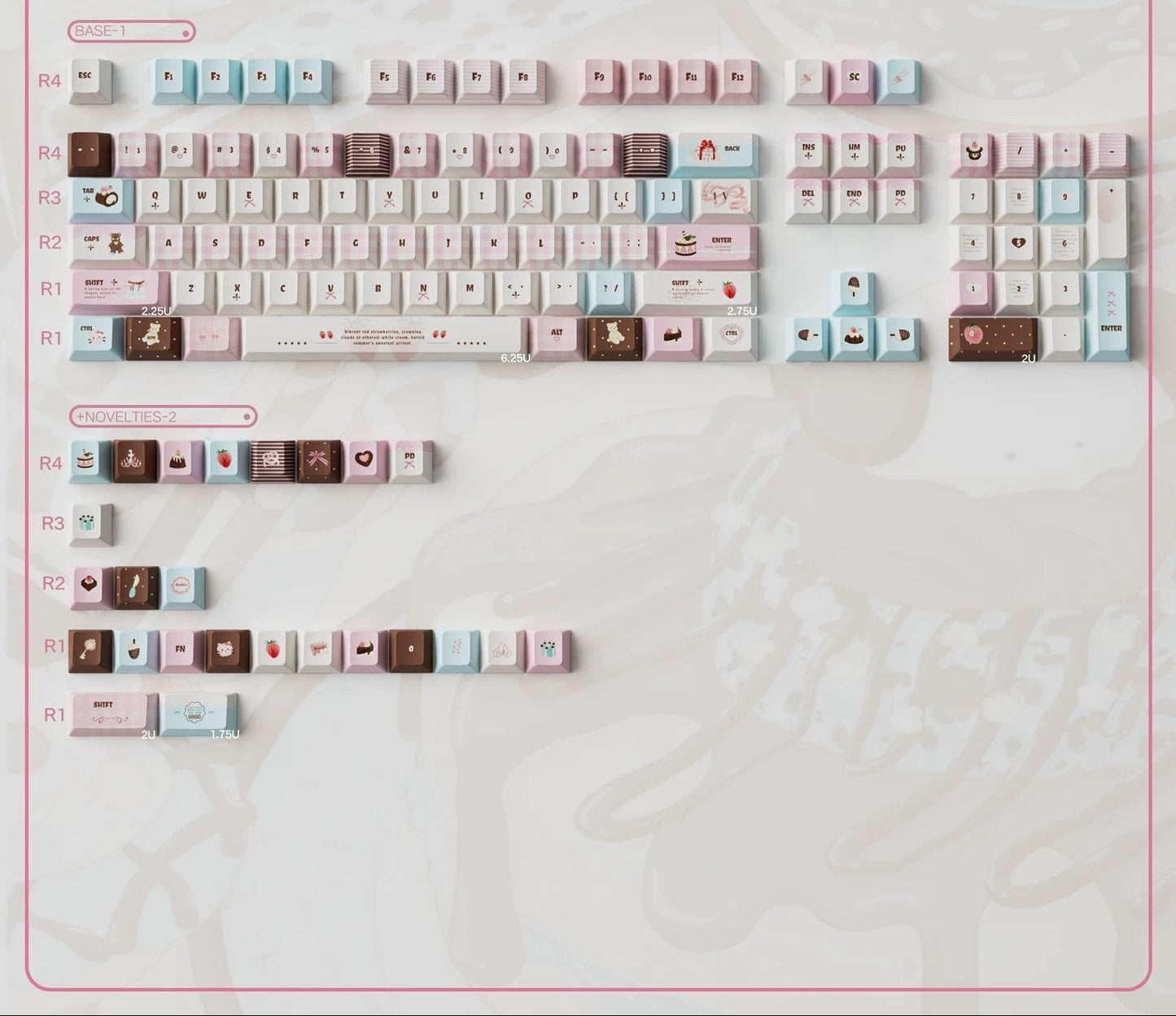 Velvet Strawberry Keycap Set - PBT Dye-Sub & Frosted PC Novelties - MOA/Cherry Profile