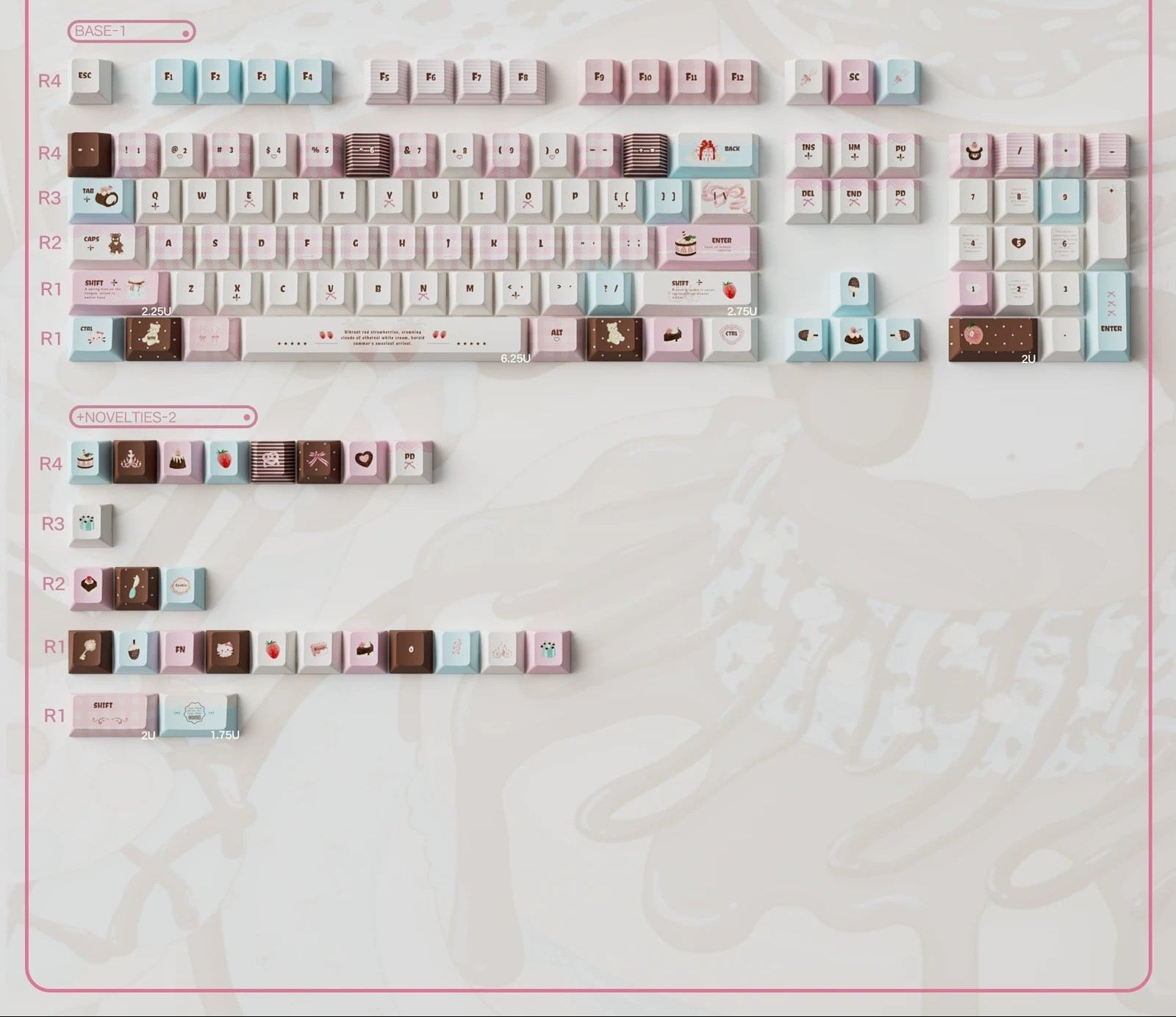Velvet Strawberry Keycap Set - PBT Dye-Sub & Frosted PC Novelties - MOA/Cherry Profile