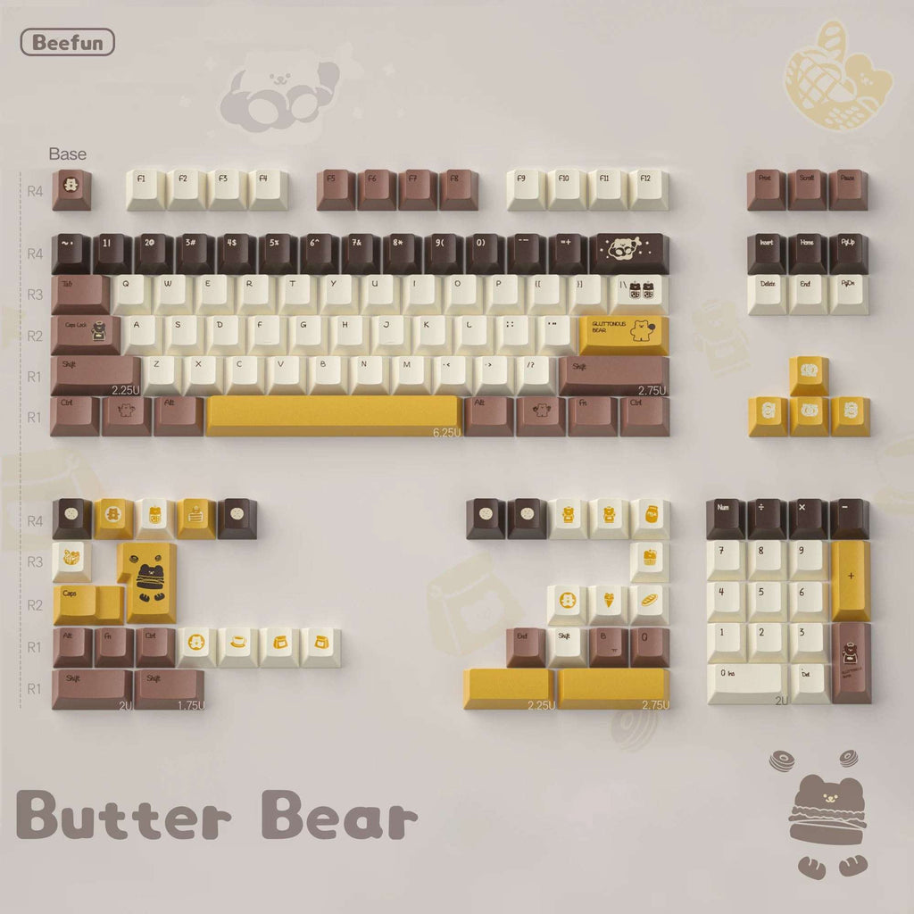 Cozy Aesthetic Desk Setup with Butter Bear Keycaps and Matching Plush Toys