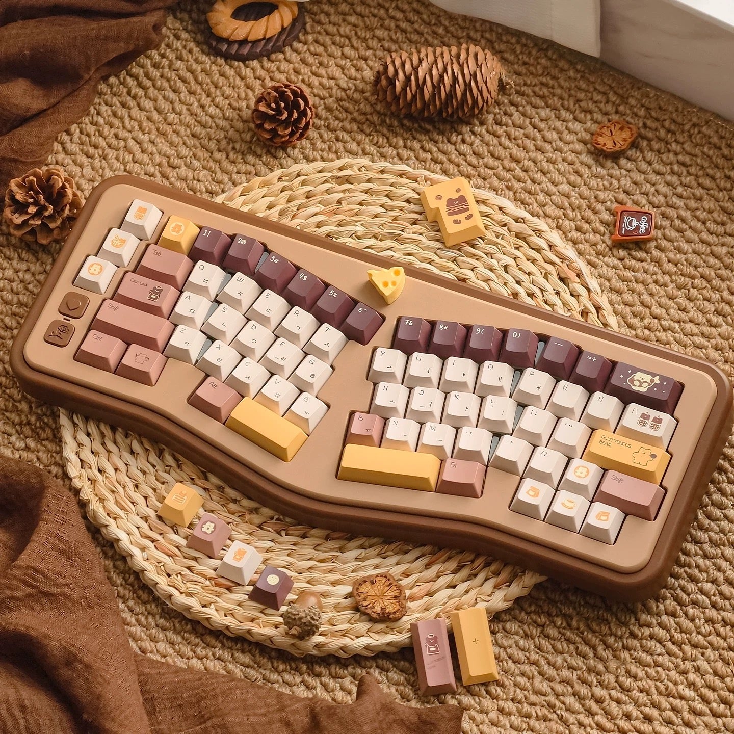 Butter Bear Keycaps Set - PBT Dye-Sub Cute Cartoon Bear Keycaps for Mechanical Keyboards