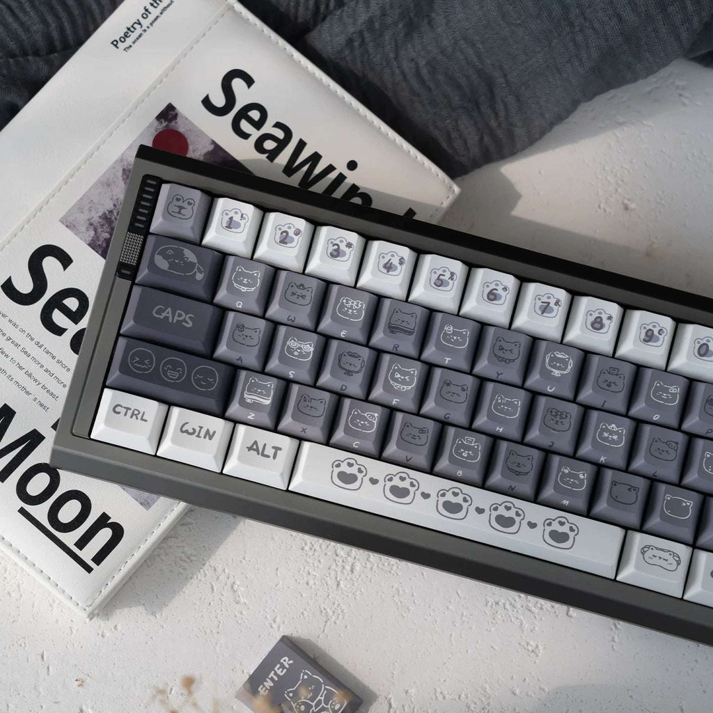 Detailed five-sided dye-sub cat novelties on grey PBT keycaps