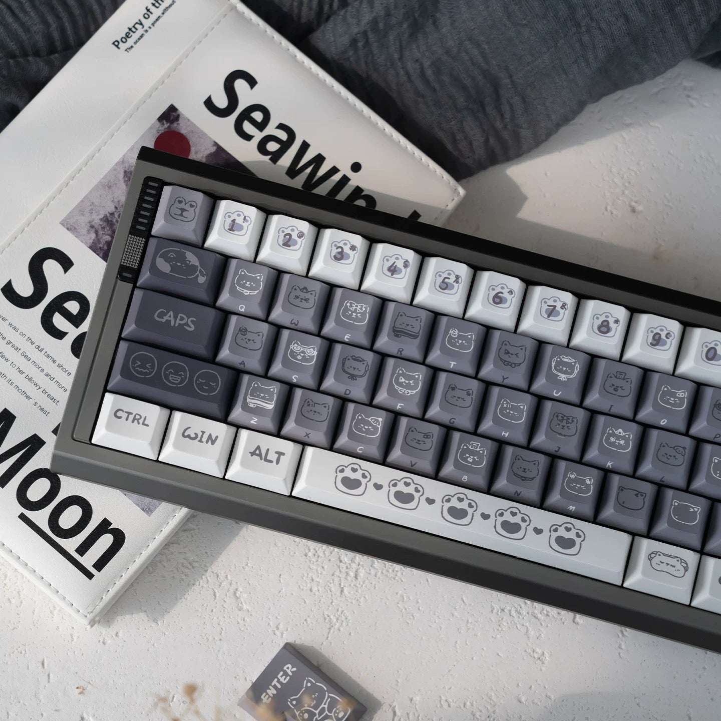 Detailed five-sided dye-sub cat novelties on grey PBT keycaps