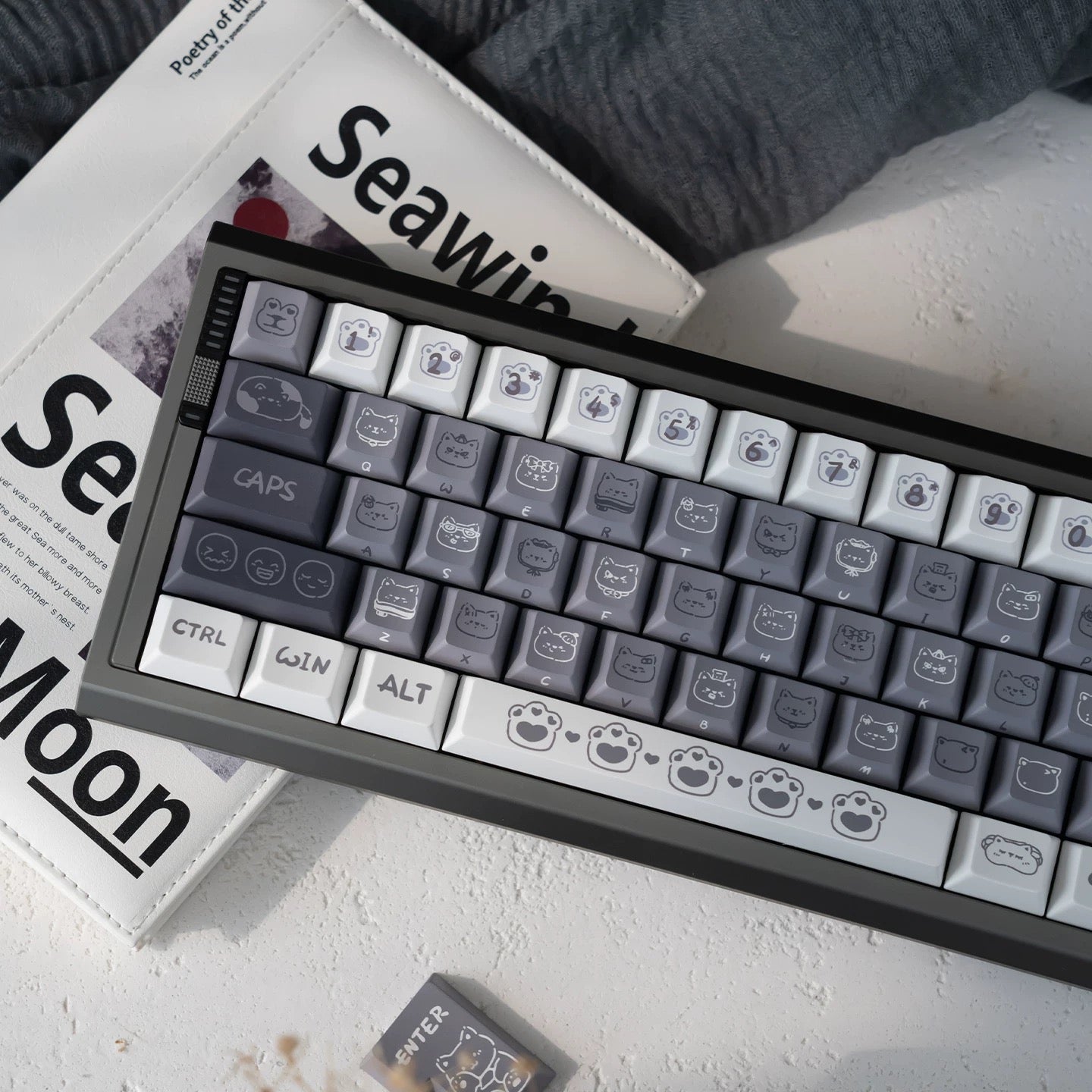 Detailed five-sided dye-sub cat novelties on grey PBT keycaps