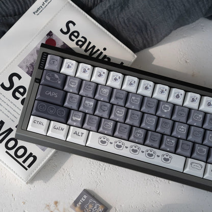 Detailed five-sided dye-sub cat novelties on grey PBT keycaps