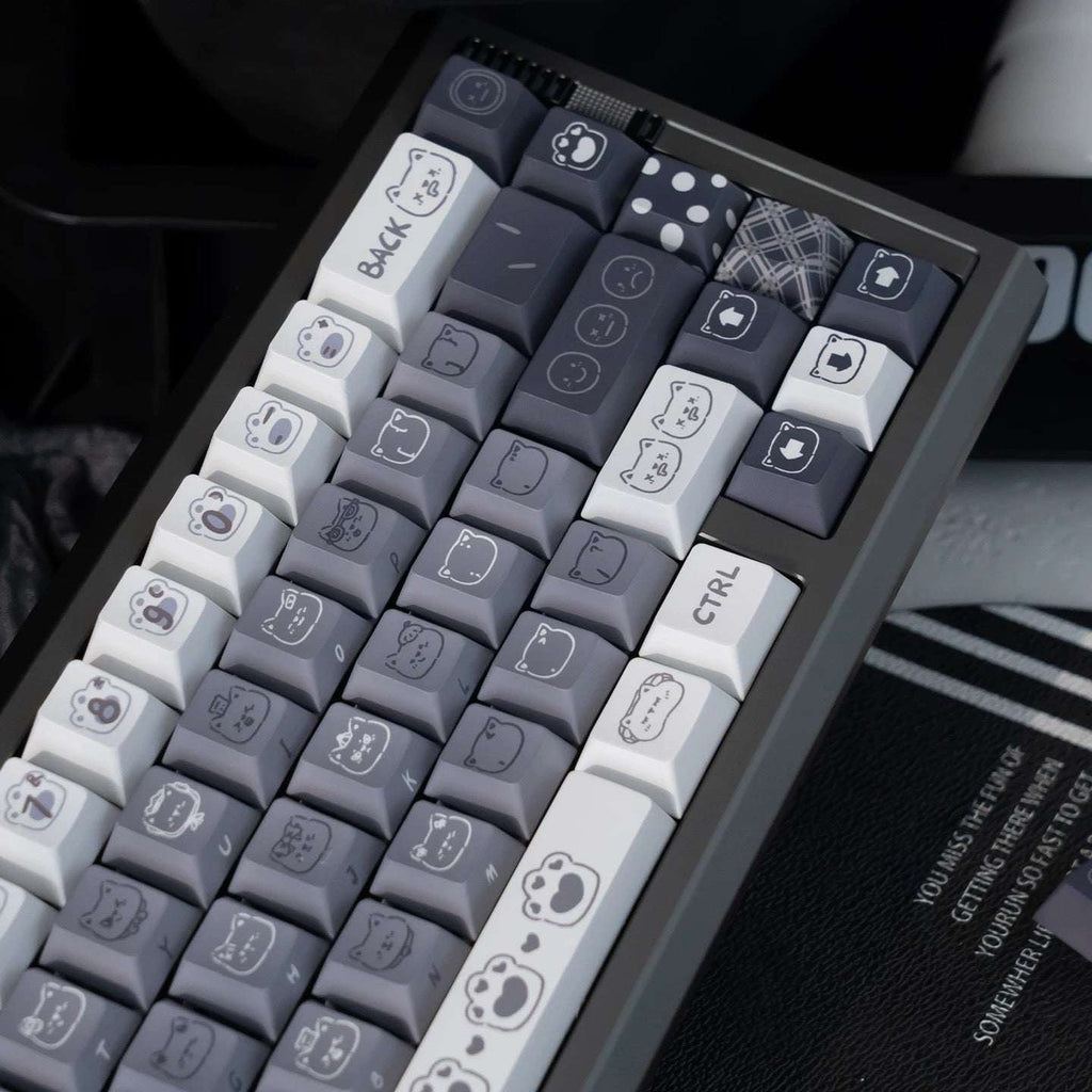 Moody Kitten monochrome grey and white mechanical keyboard keycaps with cat face novelties