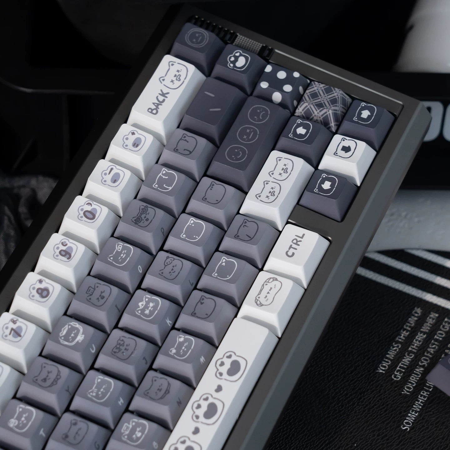 Moody Kitten monochrome grey and white mechanical keyboard keycaps with cat face novelties