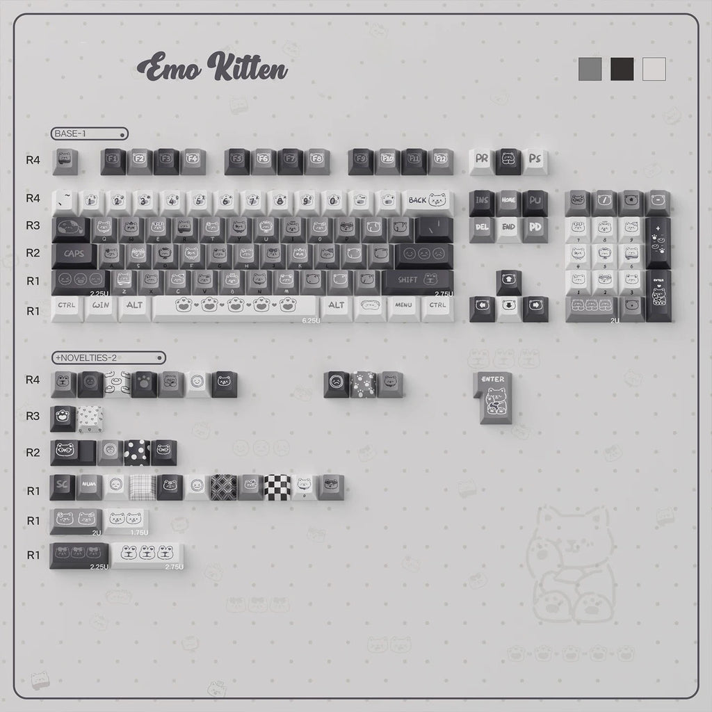 Moody Kitten Keycaps - Monochrome Aesthetic PBT Keycap Set for Mechanical Keyboards