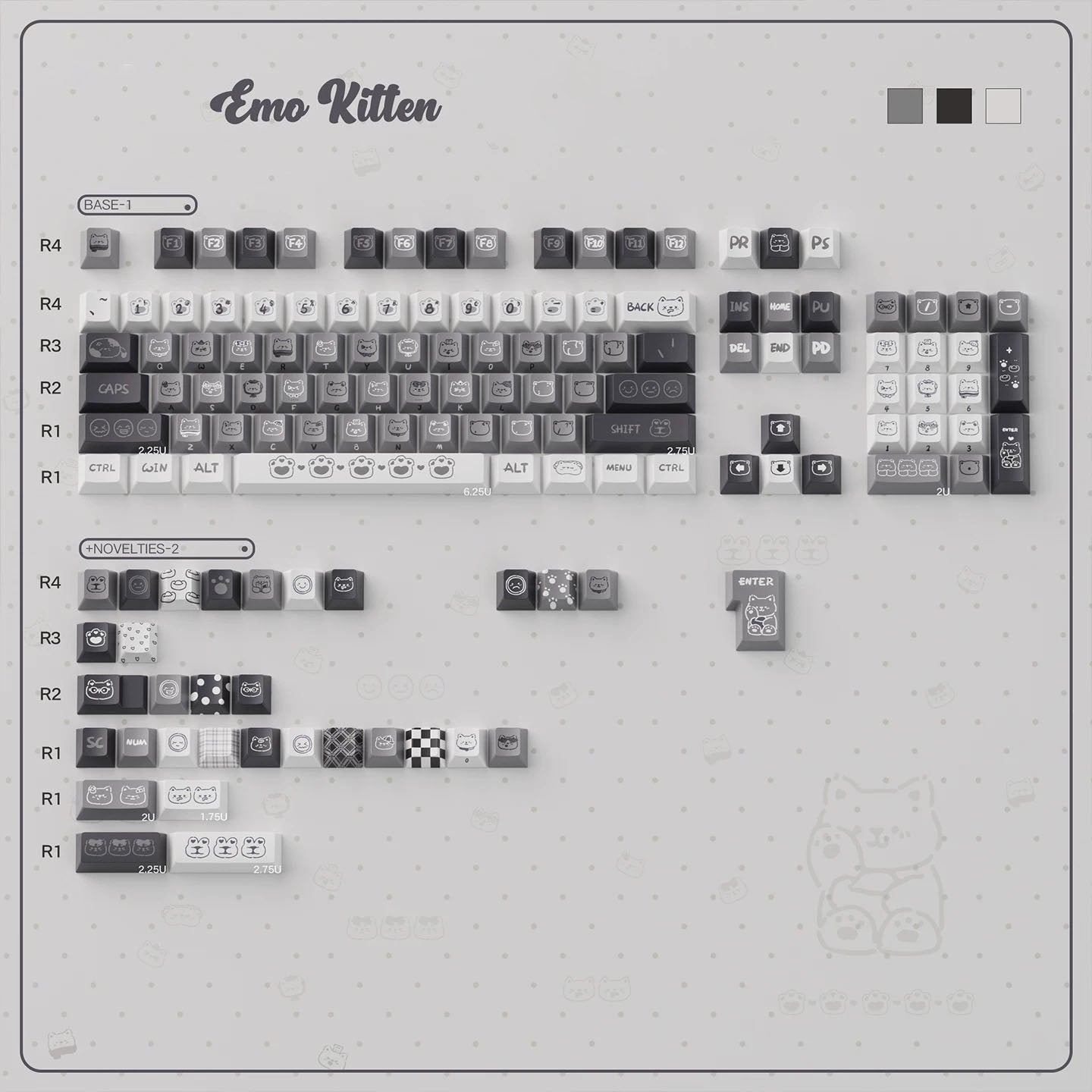 Moody Kitten Keycaps - Monochrome Aesthetic PBT Keycap Set for Mechanical Keyboards