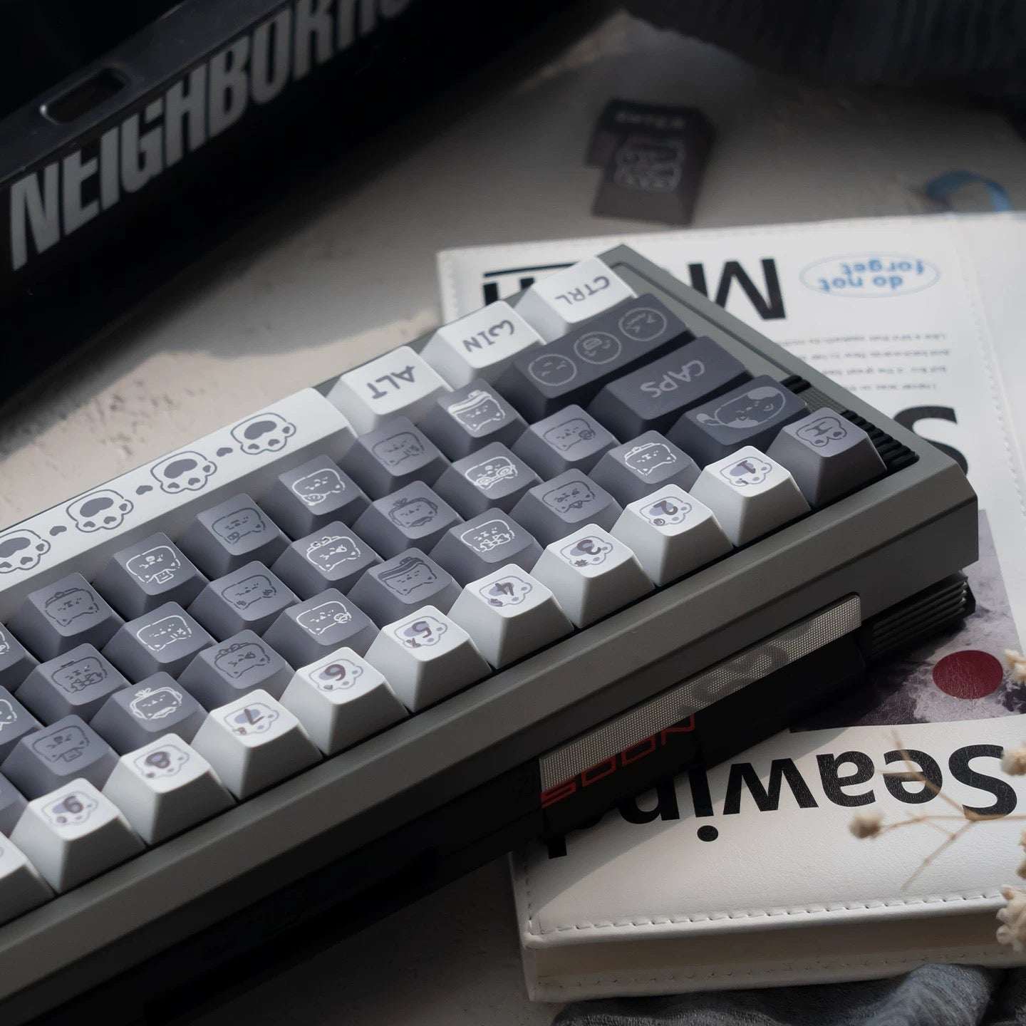 Full keycap set layout for Moody Kitten collection showing grey, white, and black cat icons