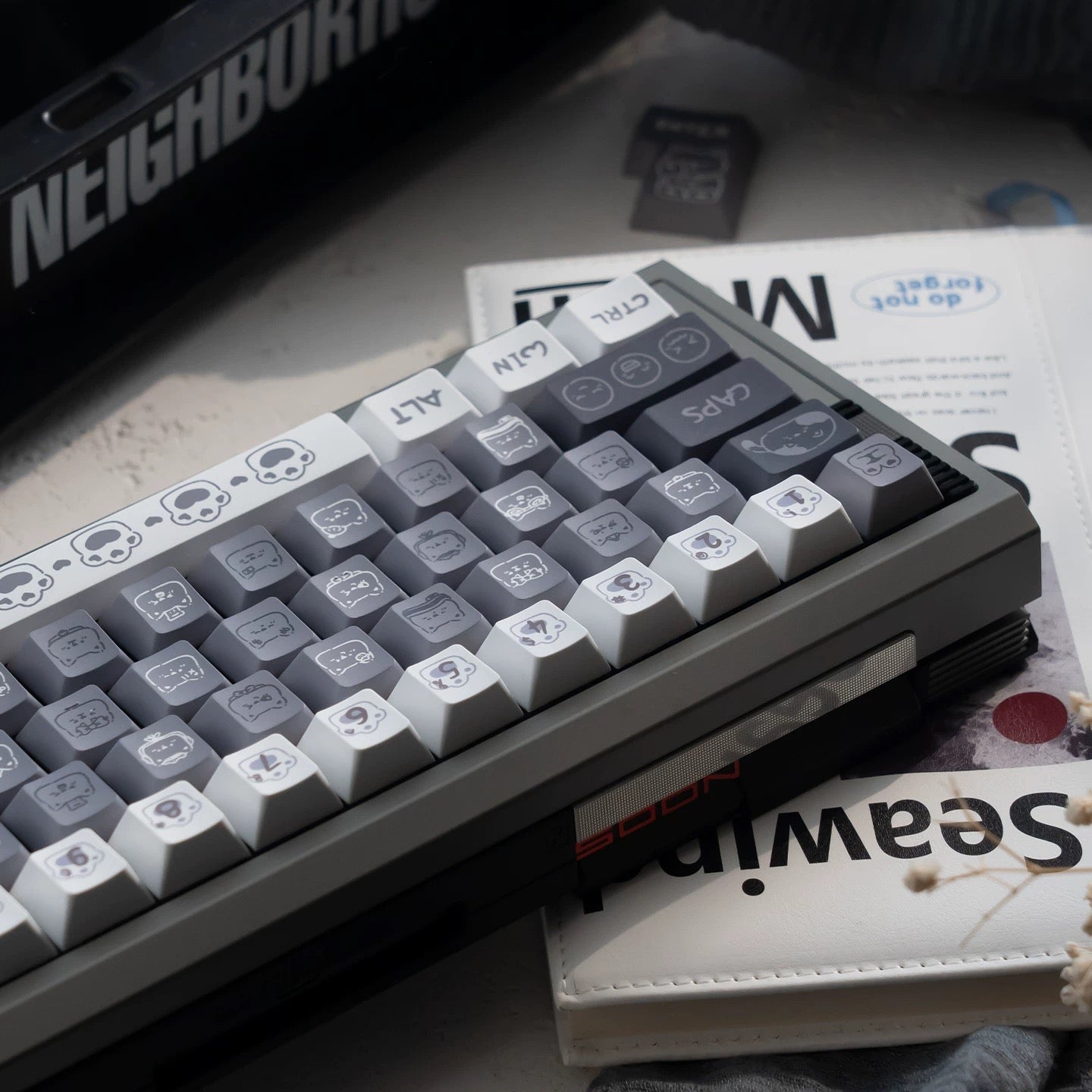 Full keycap set layout for Moody Kitten collection showing grey, white, and black cat icons