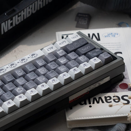 Full keycap set layout for Moody Kitten collection showing grey, white, and black cat icons