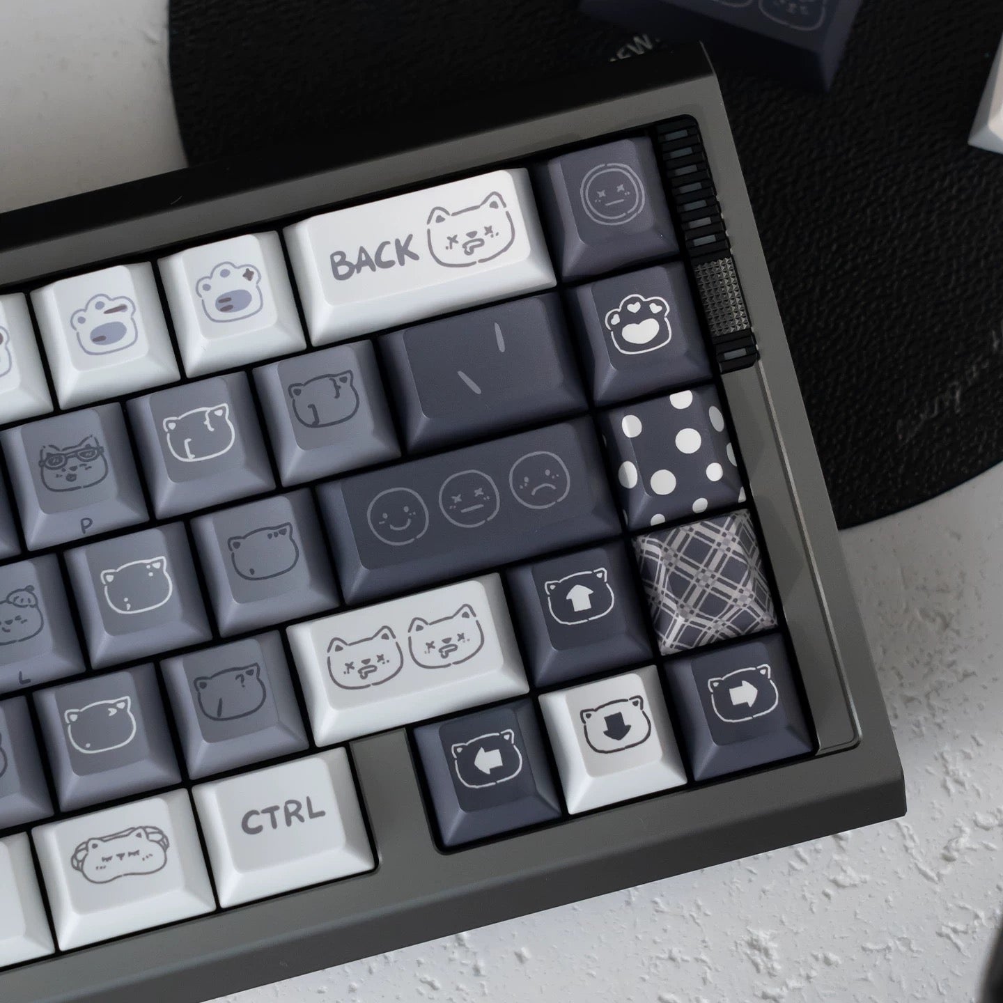 Close up of grumpy cat face keycap novelties in minimalist grey aesthetic