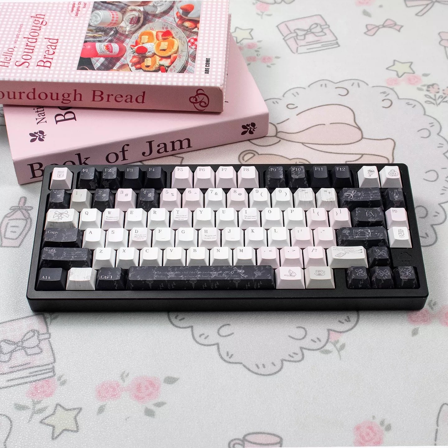Black Veil, Pink Cheeks Aesthetic Keycaps - Metallic Edition | Sweet Gothic PBT Keycaps for Custom Keyboards