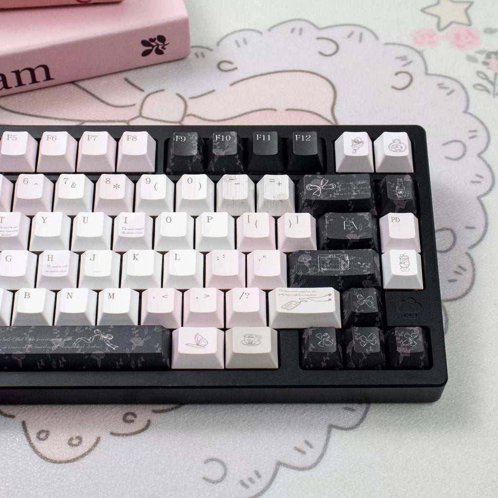 Black Veil, Pink Cheeks Aesthetic Keycaps - Metallic Edition | Sweet Gothic PBT Keycaps for Custom Keyboards