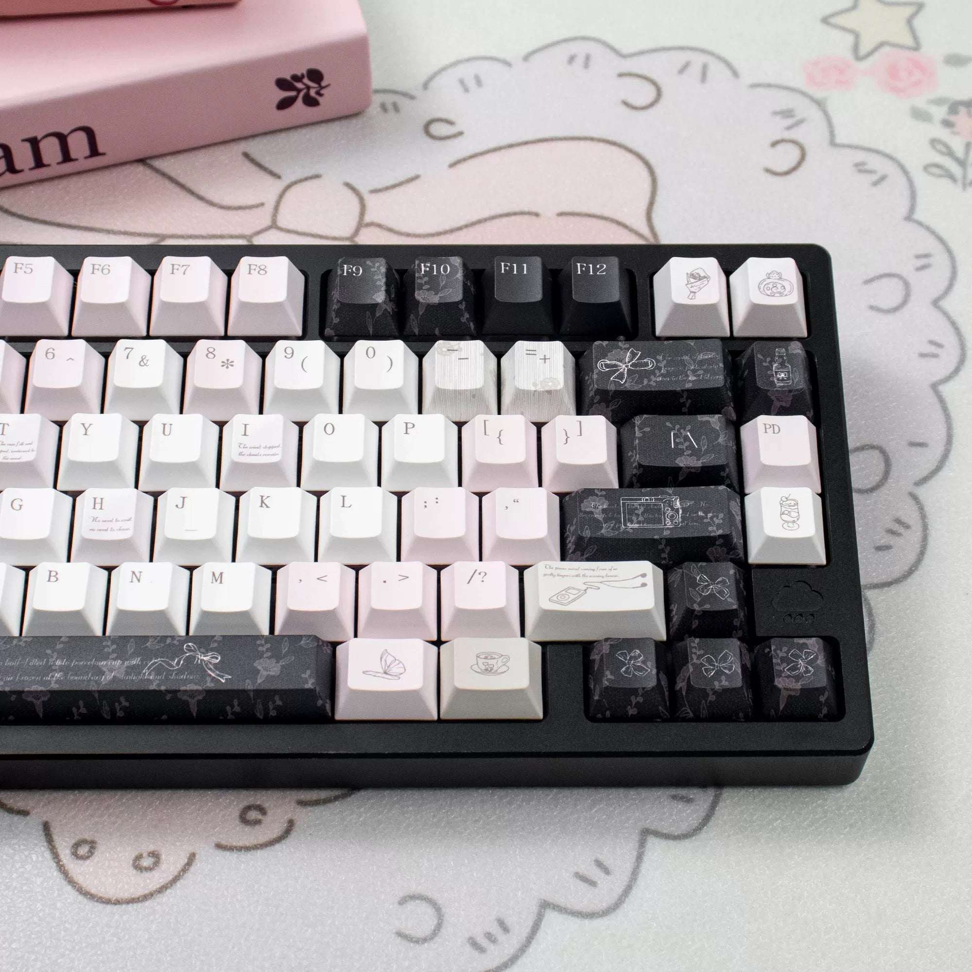 Black Veil, Pink Cheeks Aesthetic Keycaps - Metallic Edition | Sweet Gothic PBT Keycaps for Custom Keyboards