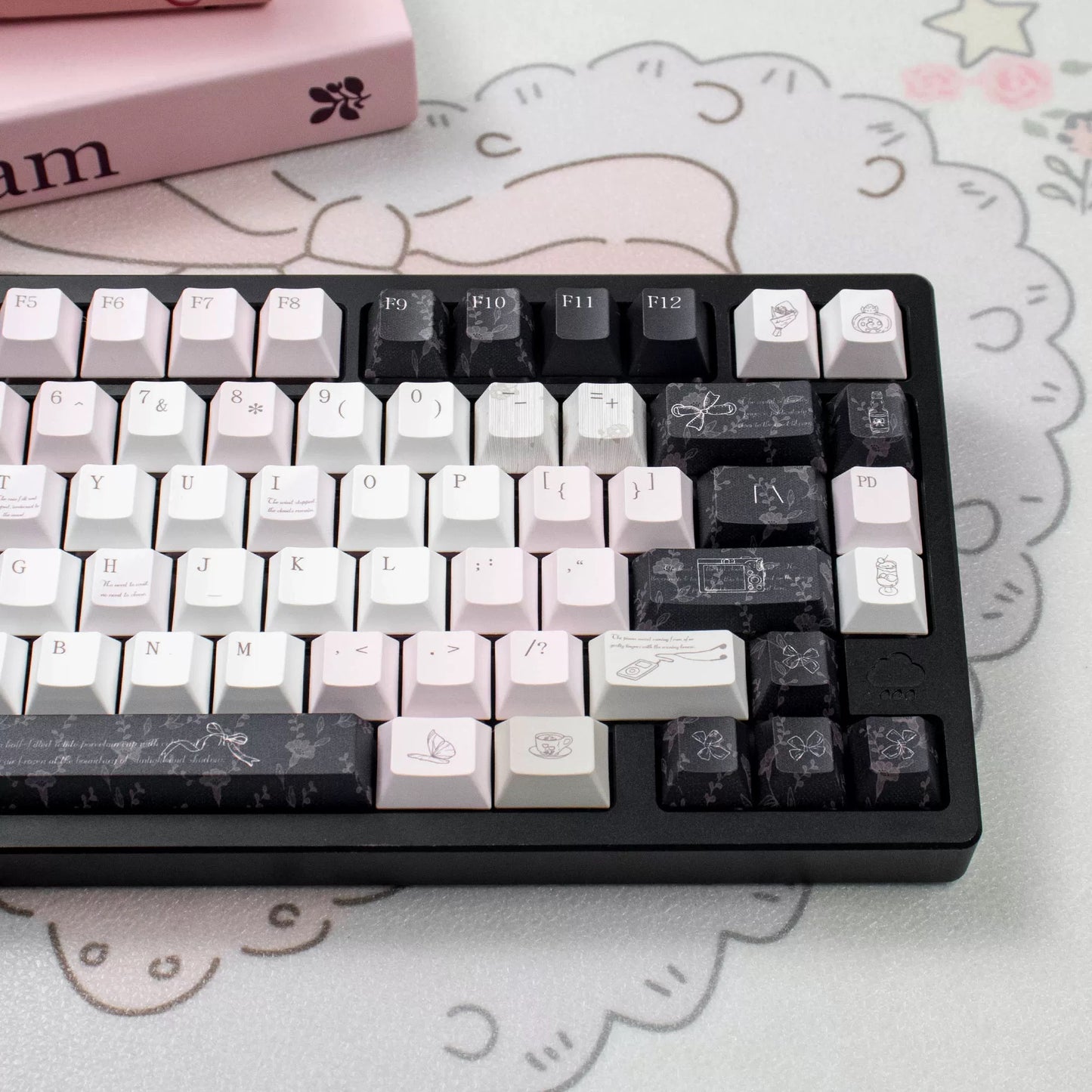 Black Veil, Pink Cheeks Aesthetic Keycaps - Metallic Edition | Sweet Gothic PBT Keycaps for Custom Keyboards