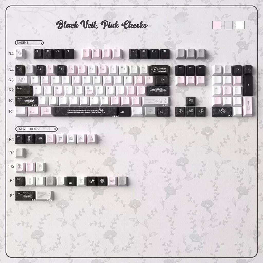 Black Veil, Pink Cheeks Aesthetic Keycaps - Metallic Edition | Sweet Gothic PBT Keycaps for Custom Keyboards