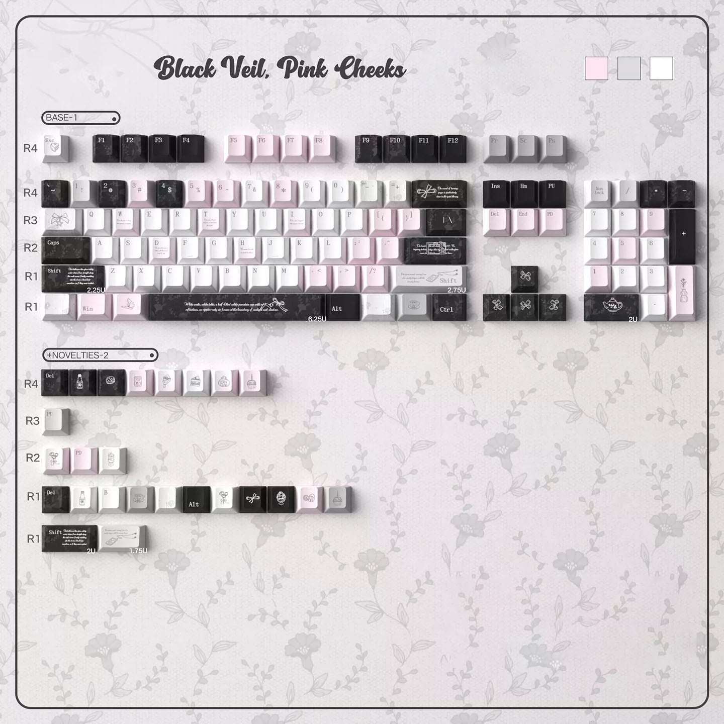 Black Veil, Pink Cheeks Aesthetic Keycaps - Metallic Edition | Sweet Gothic PBT Keycaps for Custom Keyboards