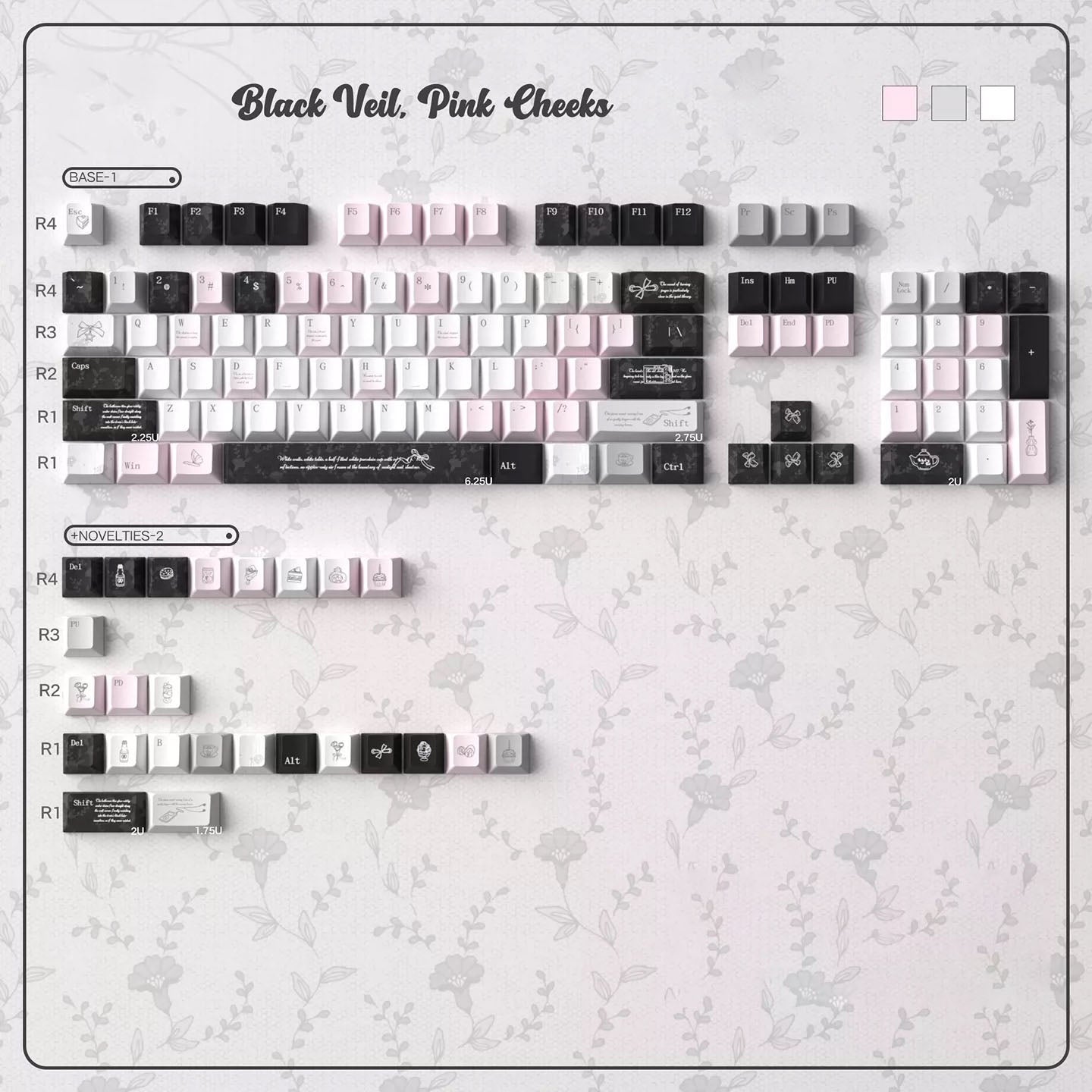 Black Veil, Pink Cheeks Aesthetic Keycaps - Metallic Edition | Sweet Gothic PBT Keycaps for Custom Keyboards