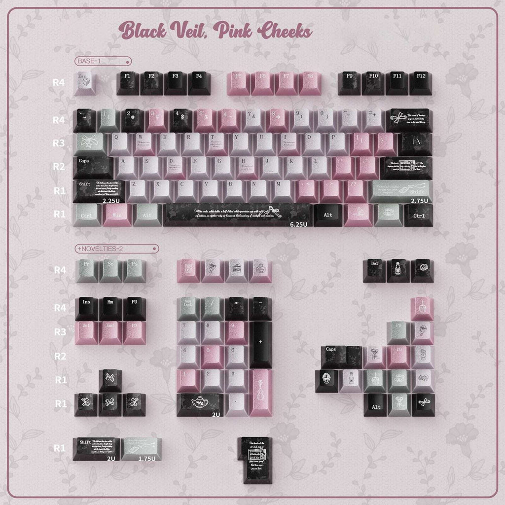 Black Veil, Pink Cheeks Aesthetic Keycaps - Metallic Edition | Sweet Gothic PBT Keycaps for Custom Keyboards