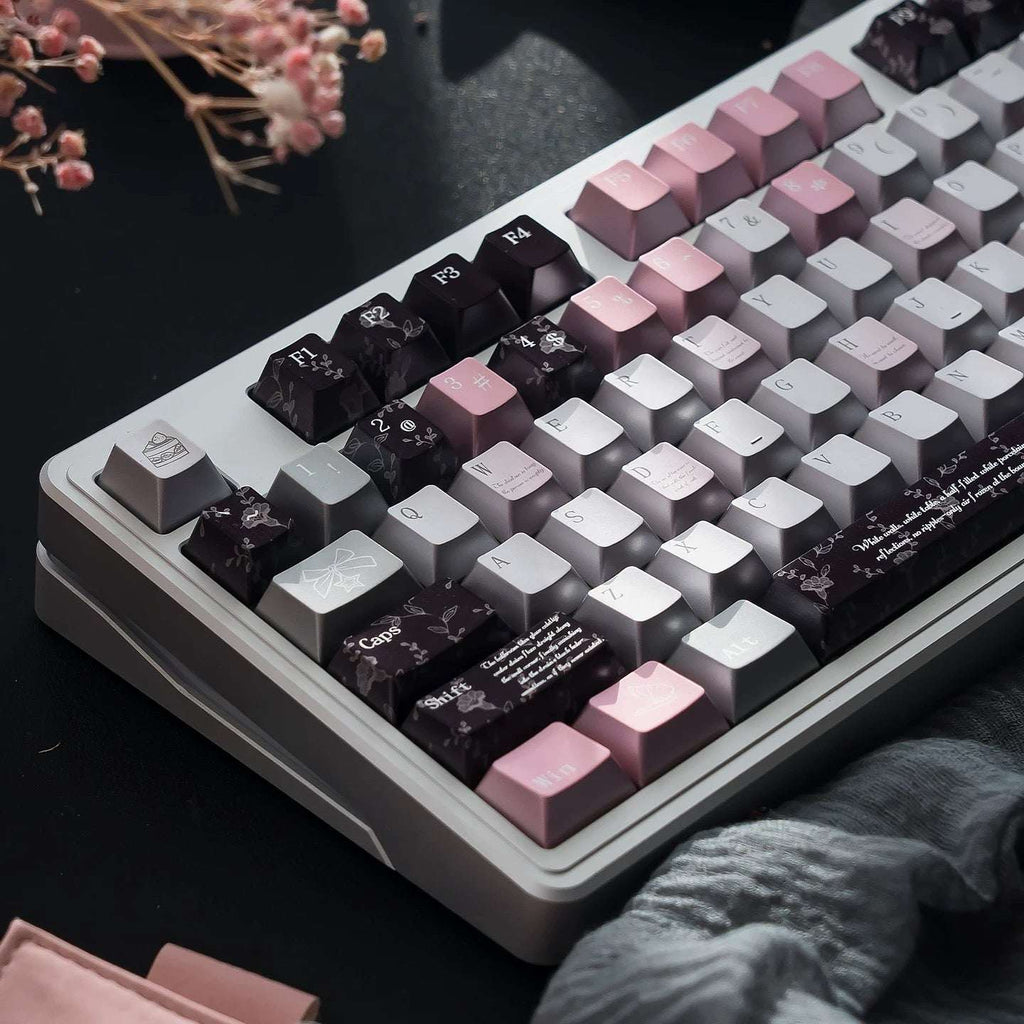 Black Veil, Pink Cheeks Aesthetic Keycaps - Metallic Edition | Sweet Gothic PBT Keycaps for Custom Keyboards