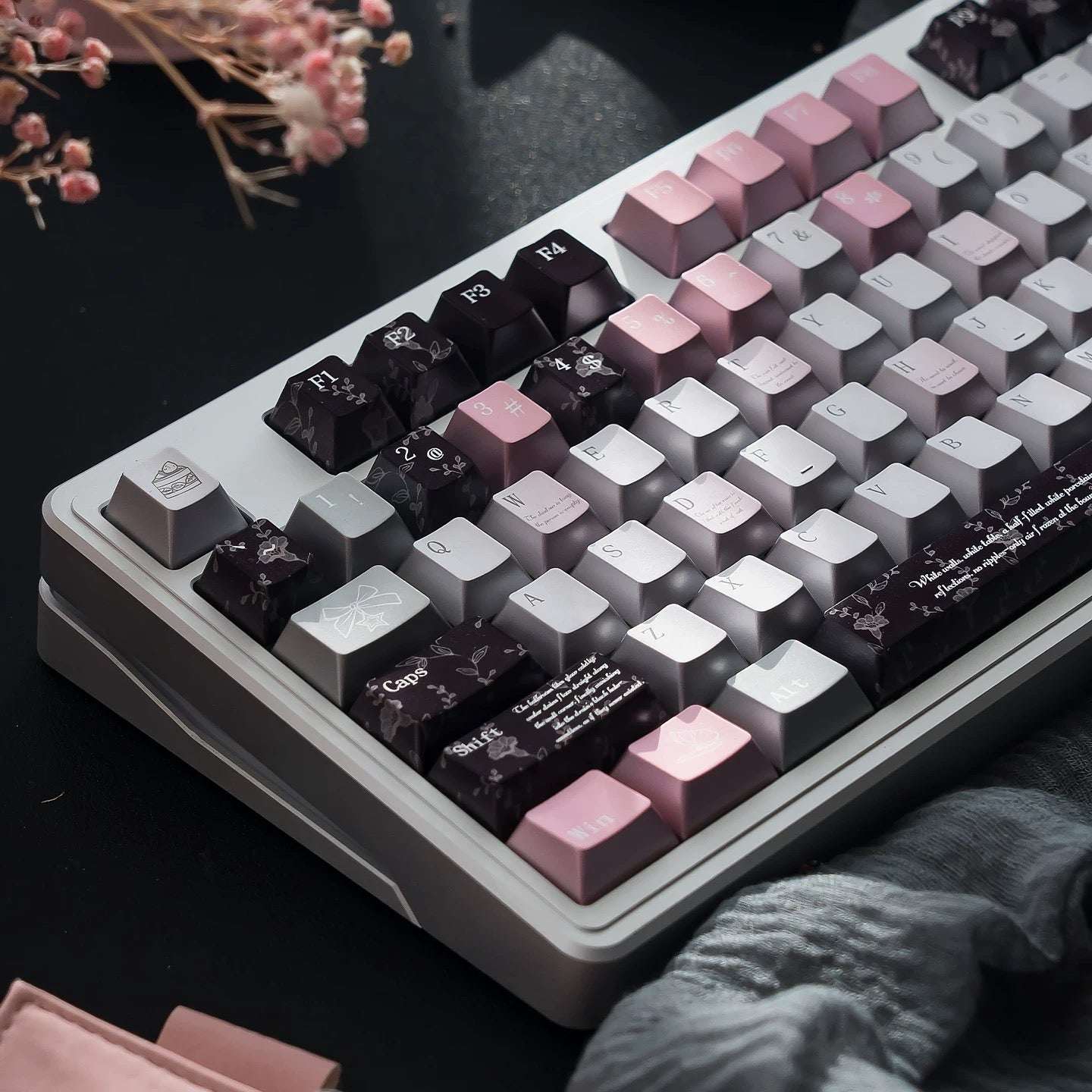 Black Veil, Pink Cheeks Aesthetic Keycaps - Metallic Edition | Sweet Gothic PBT Keycaps for Custom Keyboards