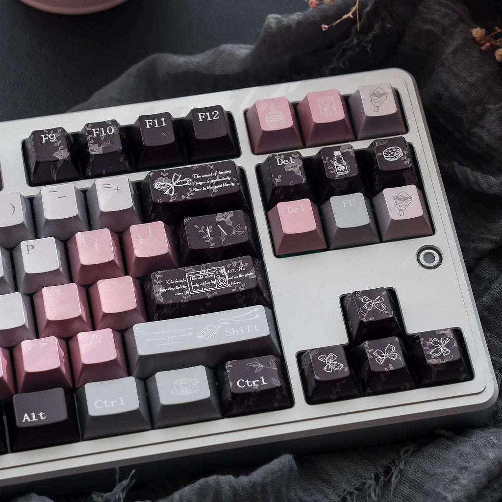 Black Veil, Pink Cheeks Aesthetic Keycaps - Metallic Edition | Sweet Gothic PBT Keycaps for Custom Keyboards