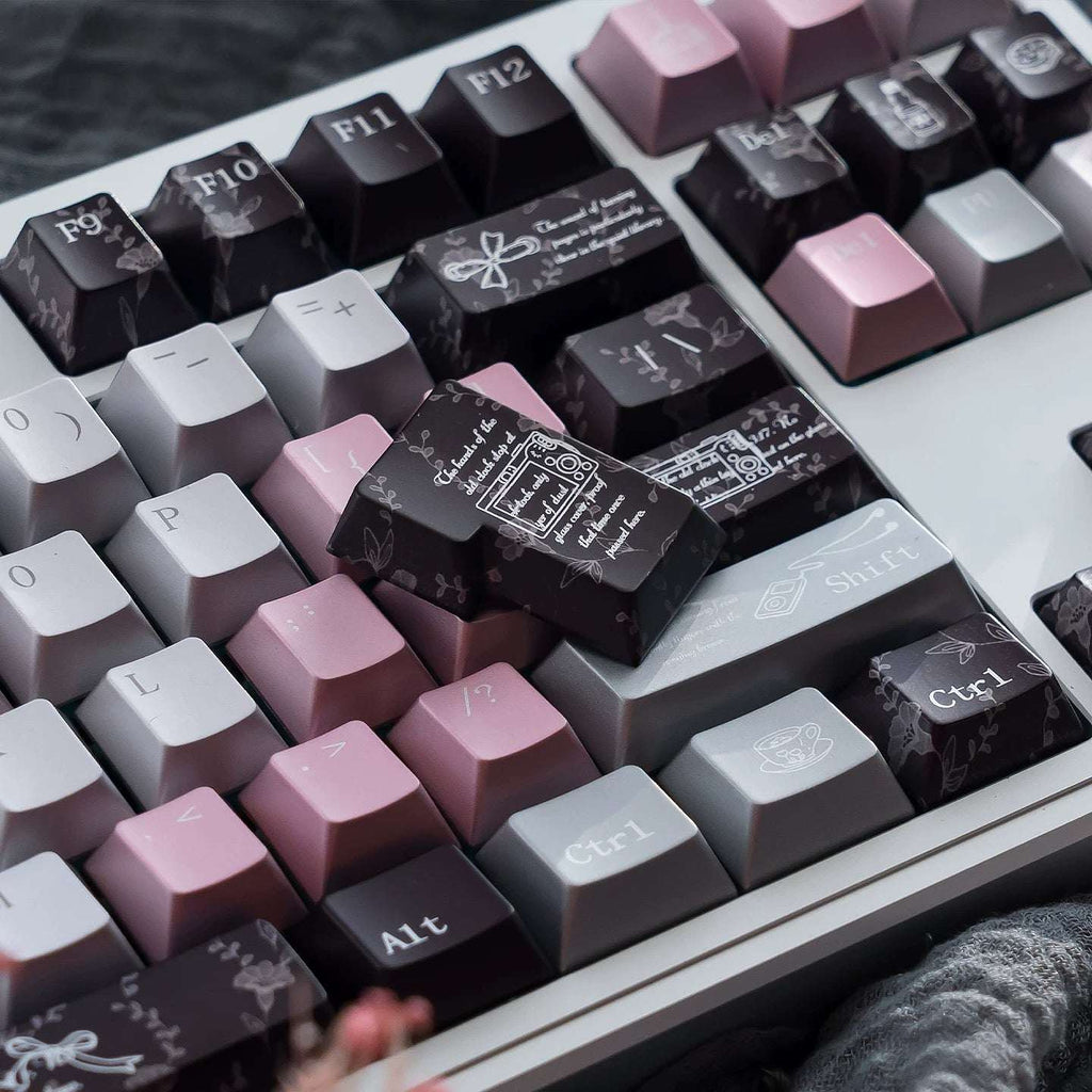 Black Veil, Pink Cheeks Aesthetic Keycaps - Metallic Edition | Sweet Gothic PBT Keycaps for Custom Keyboards