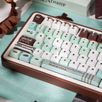 Keyboard with mint green and brown keys on a light blue surface