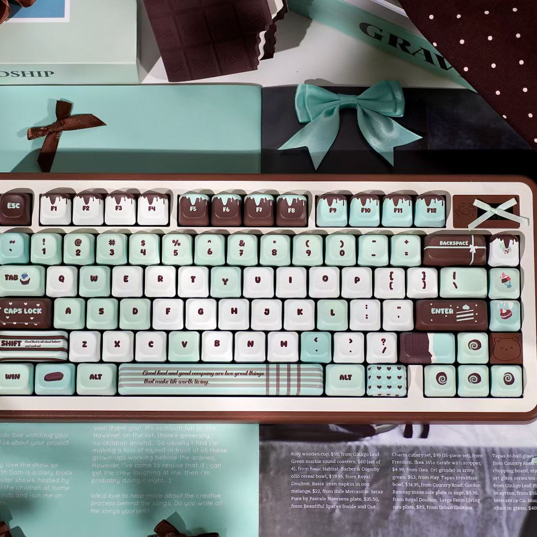 Keyboard with unique keycaps on a magazine background