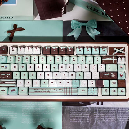 Keyboard with unique keycaps on a magazine background