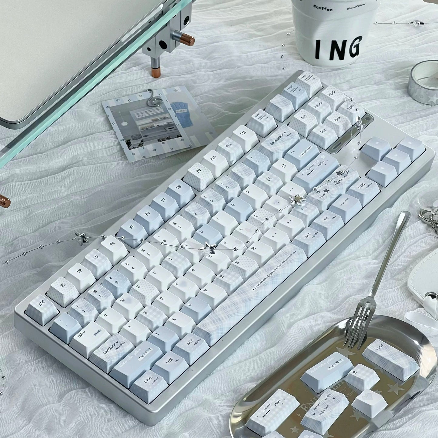 Soft Whispers Minimalist Blue & White PBT Keycap Set | ARKTCAT